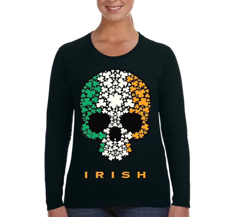 Damen Irish Shamrock Skull Flag St Patrick Es Day Trinkbier Lustige Party Shenanigans Langarm T-Shirt von XtraFlyApparel