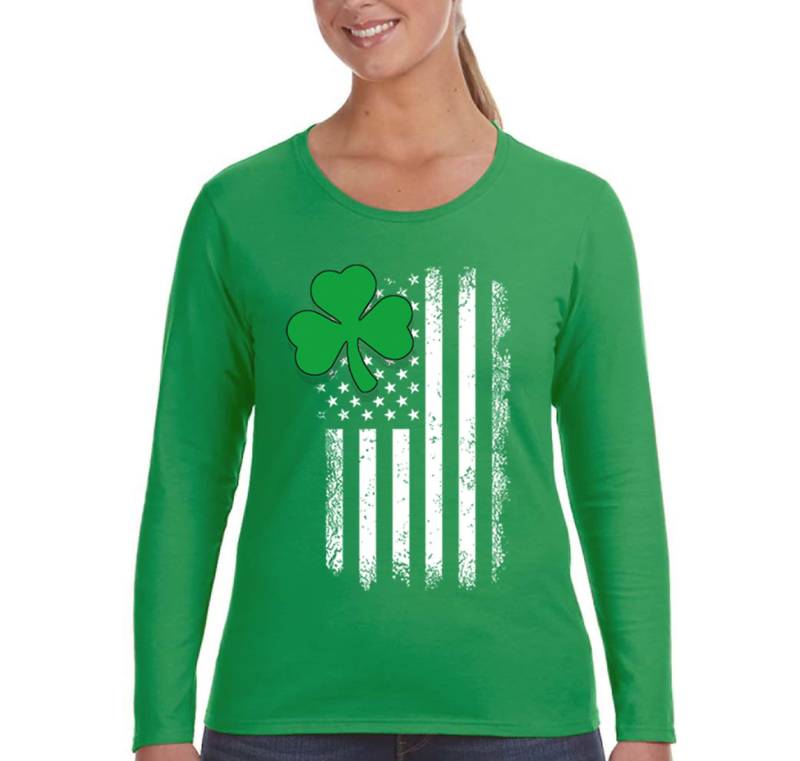 Damen Kleeblatt Usa Flag Irland St. Patrick Es Day Langarm T-Shirt von XtraFlyApparel