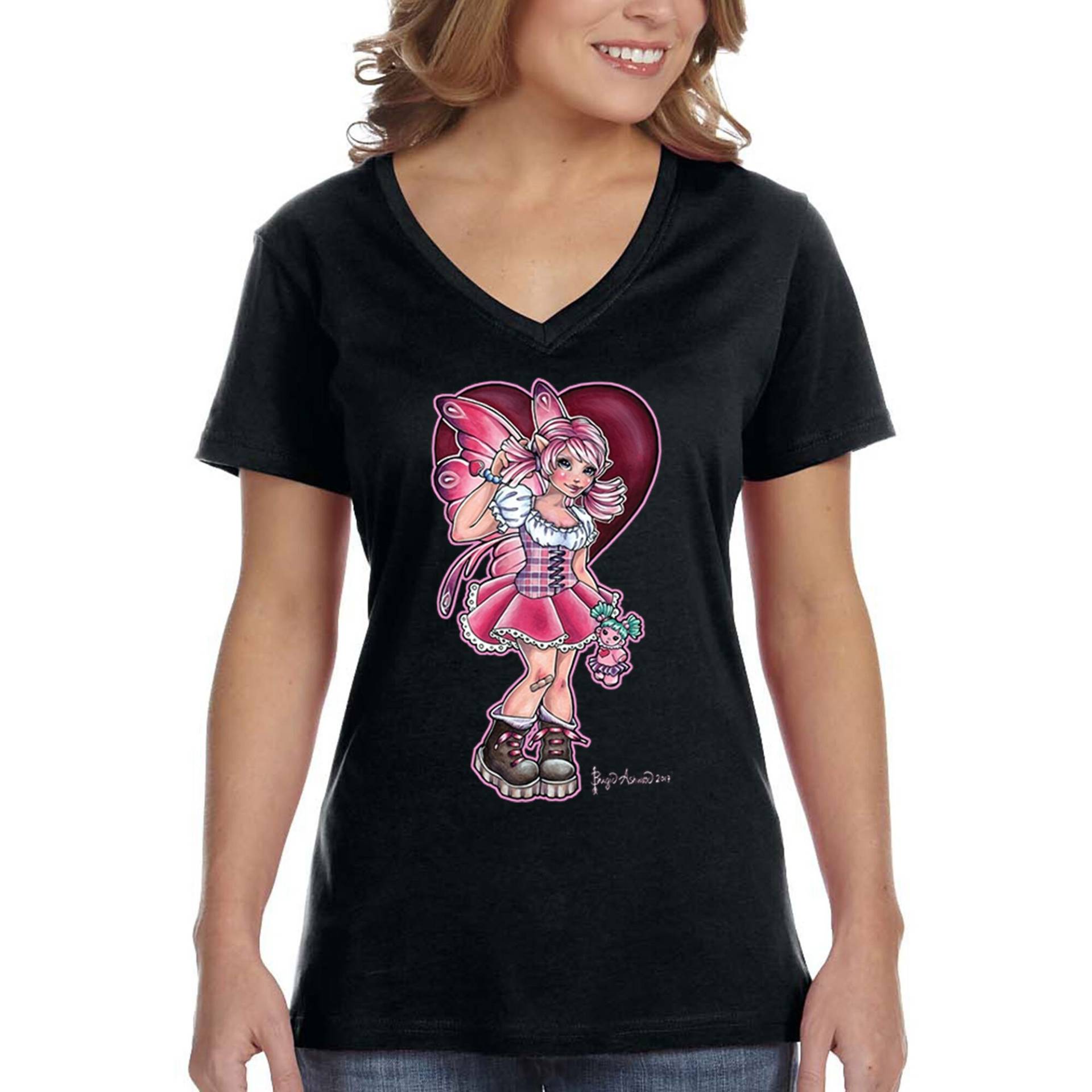 Damen Pinkie Fee Sprite Pixie Elfe Spirit Magie Zauberhaft Fabelwesen Fantasy Legendäre Folklore Mythos V-Ausschnitt T-Shirt von XtraFlyApparel