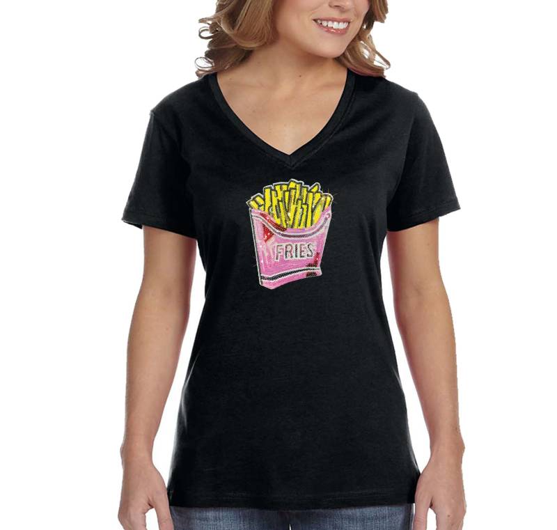 Damen Pommes Strand Sommer Lustiges Funkeln Geschenk Süsse Pailletten V-Ausschnitt T-Shirt von XtraFlyApparel