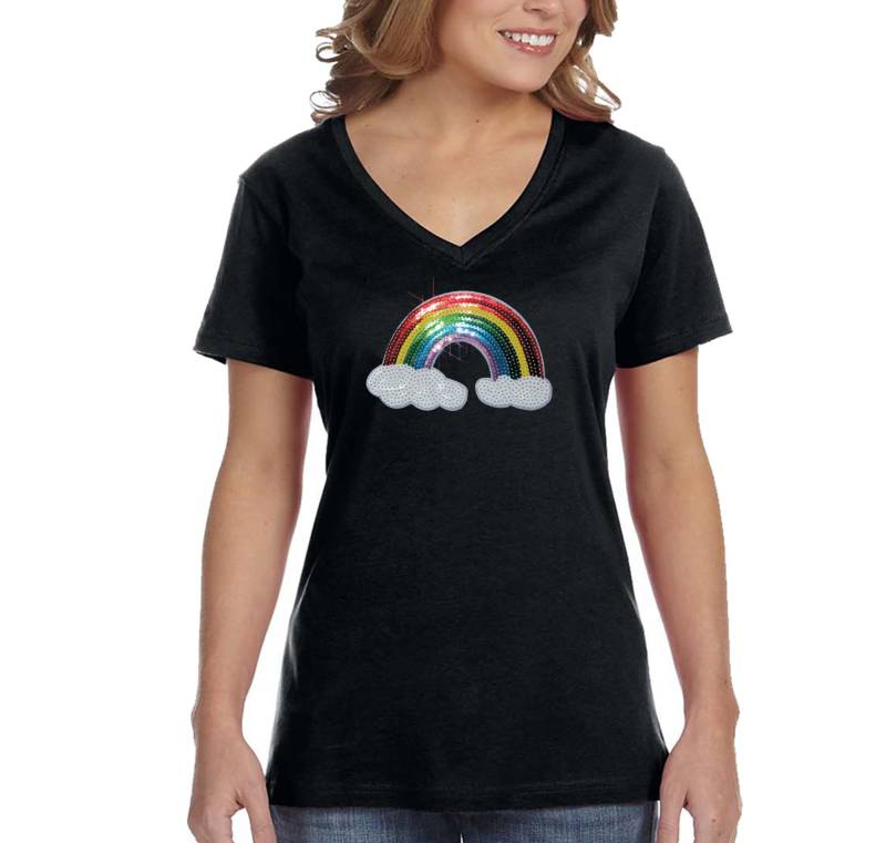 Damen Regenbogen Wolken Pride Geschenk Sparkle Pailletten V-Ausschnitt T-Shirt von XtraFlyApparel