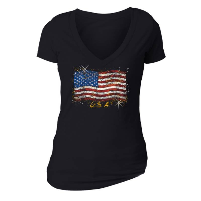 Damen T-Shirt American Flag Distressed 4. Juli Geschenk Kleidung Usa Pride V-Ausschnitt von XtraFlyApparel
