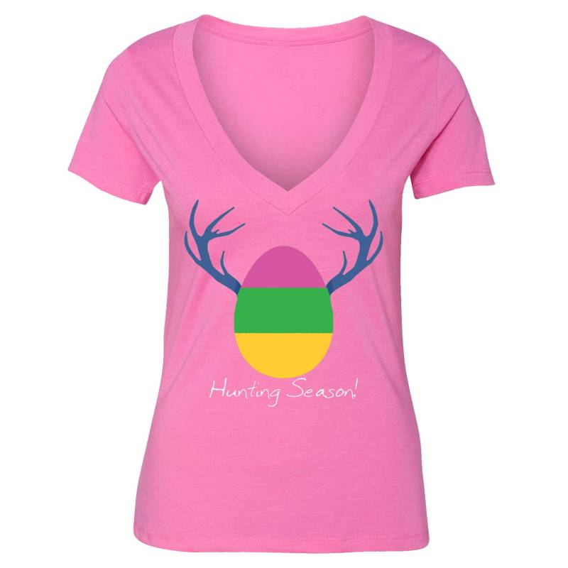 Damen T-Shirt Hase Cooles Shirt Osterei Peep Frühling Jagd Saison Geweih Frauen V-Ausschnitt von XtraFlyApparel