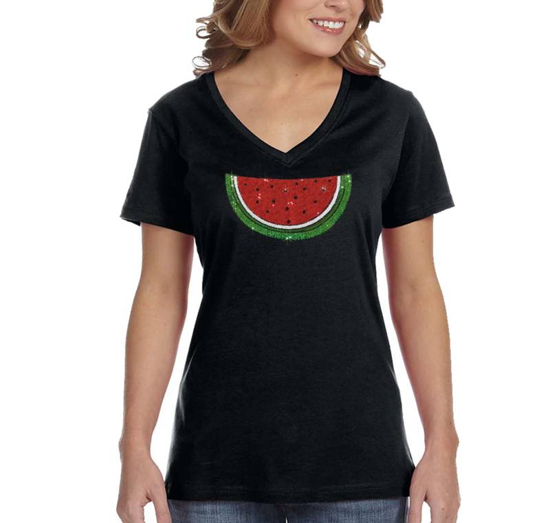 Damen Wassermelonen Obst Urlaub Funkeln Geschenk Süße Pailletten Vneck T-Shirt von XtraFlyApparel