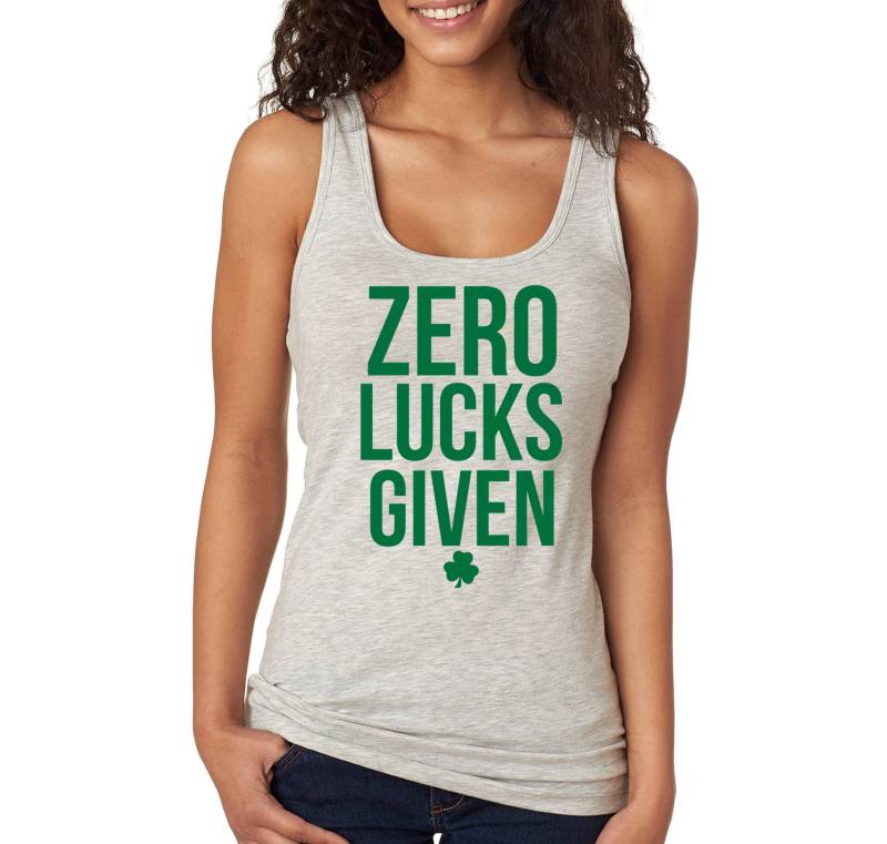 Damen Zero Lucks Given St. Patrick Es Day Irish Clover Kleeblatt Trinkparty Lustige Bier Pub Bar Racerback Tanktop von XtraFlyApparel