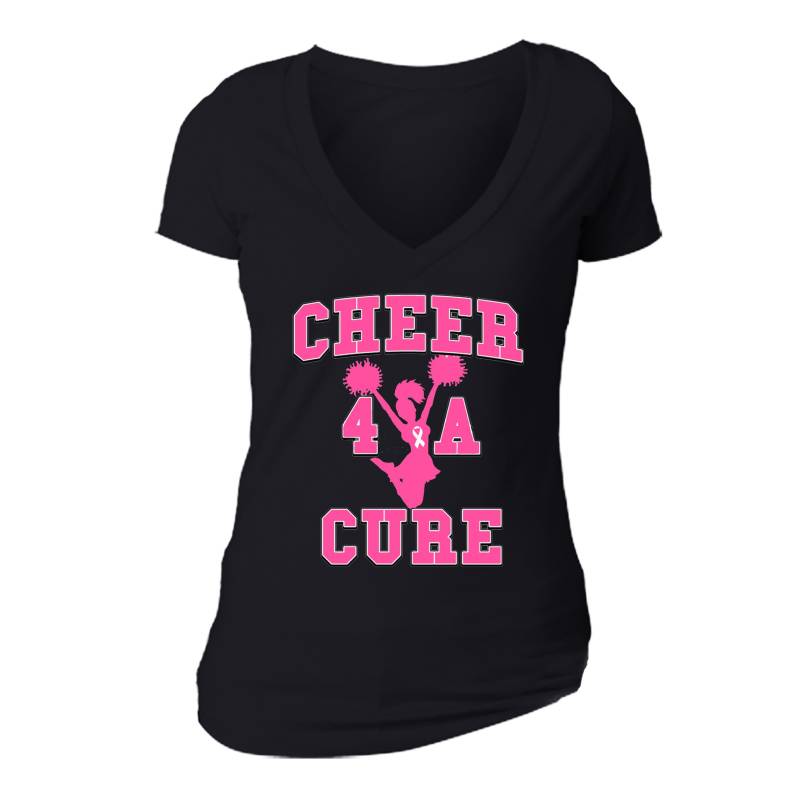 Frauen Brustkrebs Awareness Cheer 4 For Cure Rosa Band Überlebender V-Ausschnitt T-Shirt von XtraFlyApparel