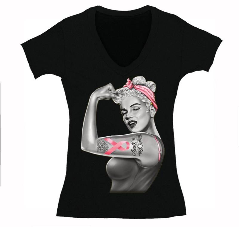 Frauen Brustkrebs Bewusstsein Rosie Riveter Marilyn Monroe Tattoo Pin Up Fight On Ribbon Survivor V-Neck T-Shirt Schwarz von XtraFlyApparel