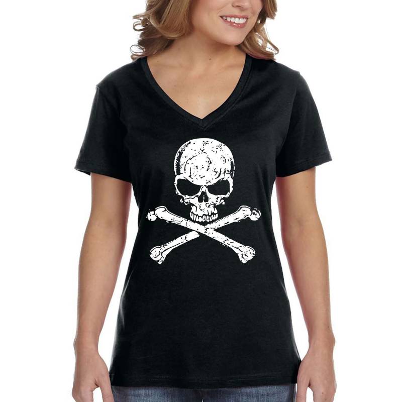 Frauen Distressed White Skull & Crossbones Pirat Jolly Roger Schiff Schatz Gold Geschenk Gaspar V-Ausschnitt T-Shirt von XtraFlyApparel