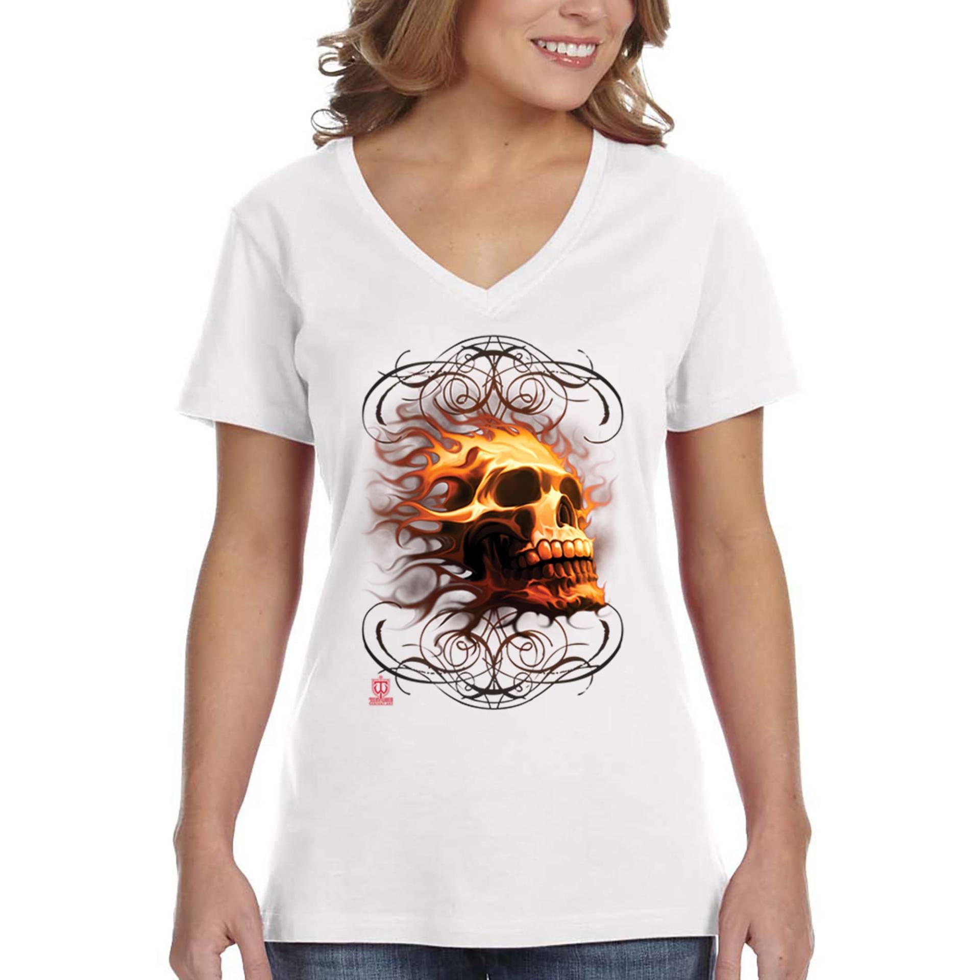 Frauen Feuerschädel Flammen Flammendes Skelett Biker Rider Motorrad Untot Grim Reaper Underworld Dämon Gothic V-Ausschnitt T-Shirt von XtraFlyApparel