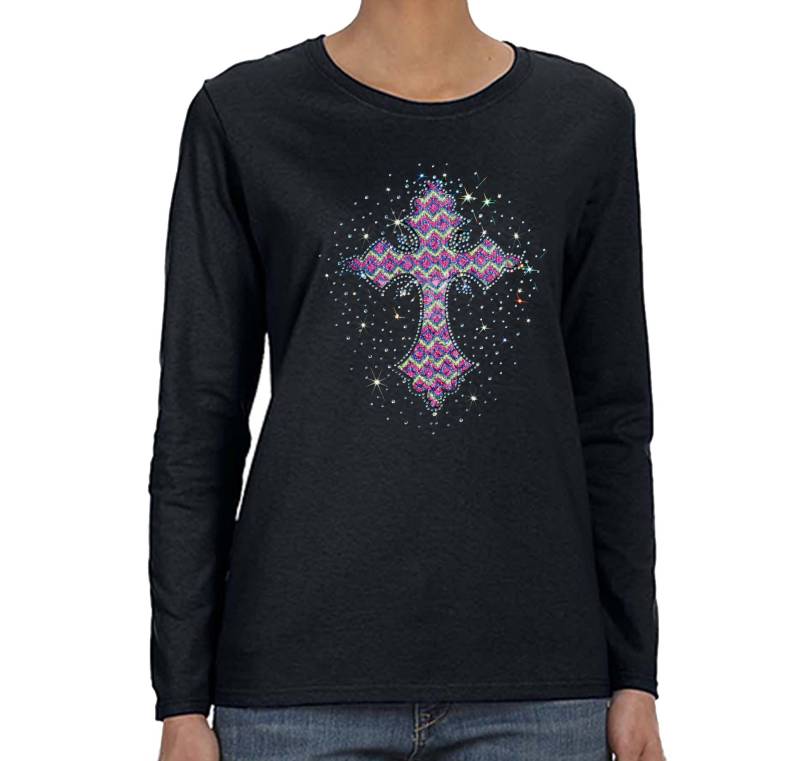 Frauen Glitzer Spitze Kreuz Glaube Kirche Gebet Treu Funkeln Pailletten Langarm T-Shirt von XtraFlyApparel
