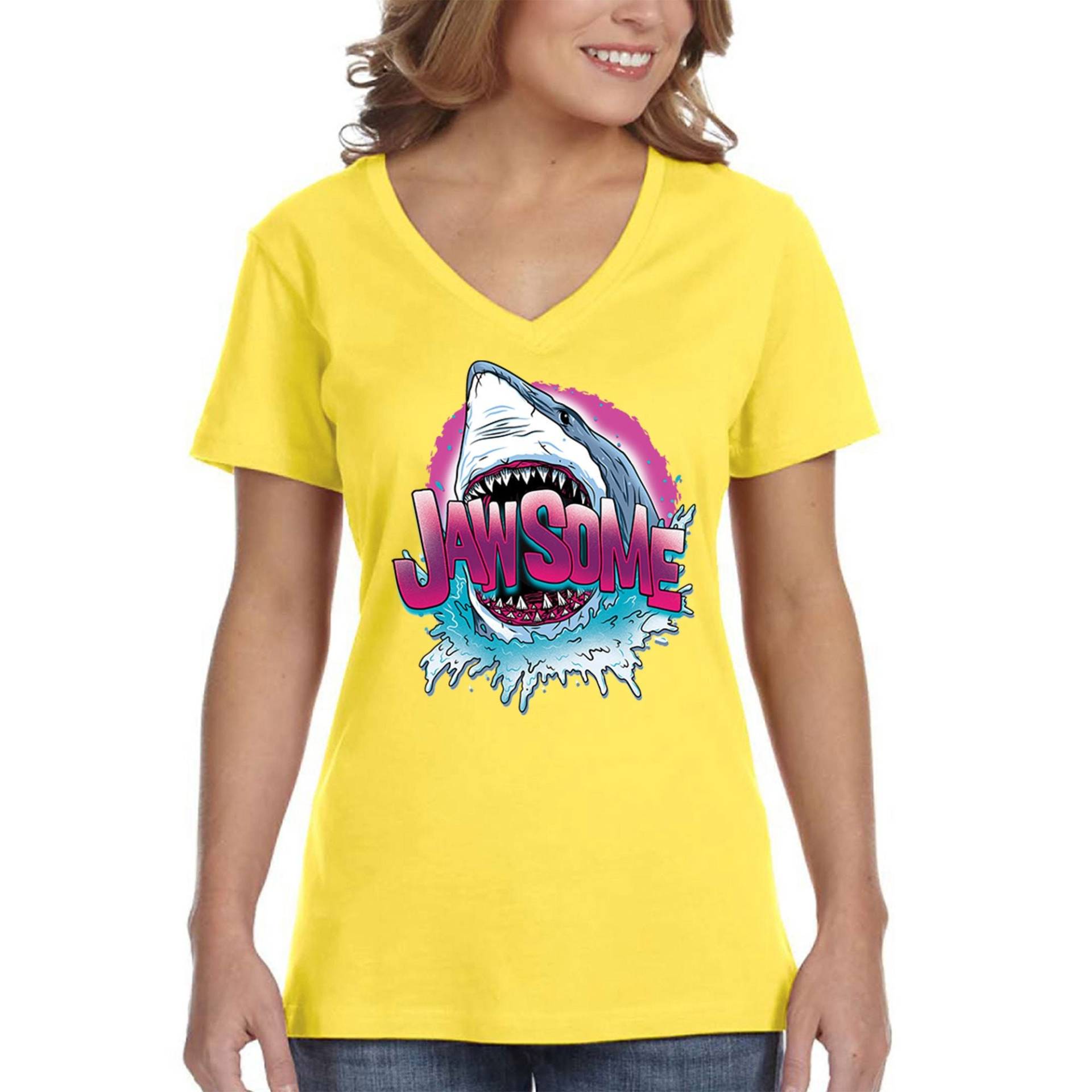 Frauen Jawsome Beach Party Urlaub Festival Toller Weißer Hai Ozean Jaws Angeln Boot Surfen Schwimmen V-Ausschnitt T-Shirt von XtraFlyApparel