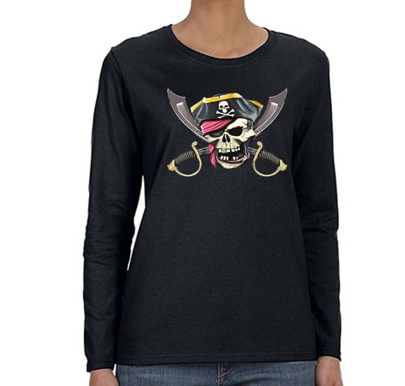 Frauen Jolly Roger Pirat Scimitar Schwerter Totenkopf Kreuzknochen Piratenschiff Kreuzfahrt Urlaub Geschenk Gasparilla Langarm T-Shirt von XtraFlyApparel