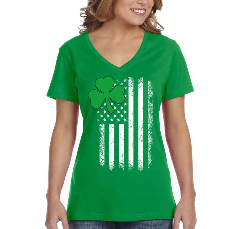 Frauen Kleeblatt Usa Flagge Klee Shamrock Irish Irland St. Patrick's Day T-Shirt Mit V-Ausschnitt von XtraFlyApparel