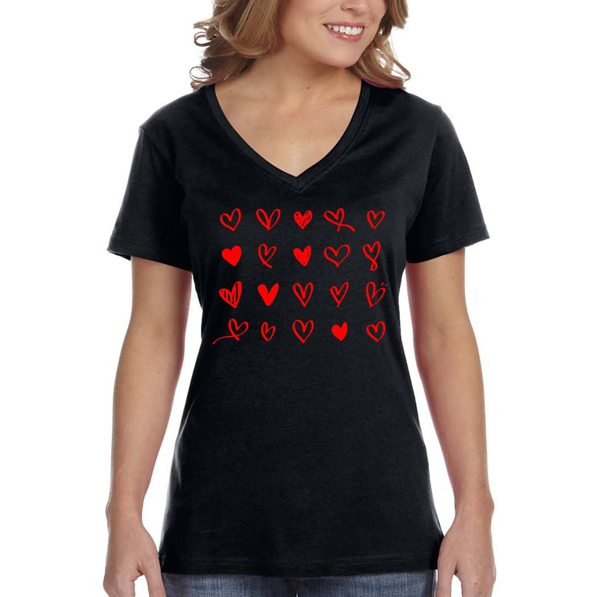 Frauen Mini Herzen Valentinstag Liebe Familie Paare Jahrestag Frau Mann Freund Freundin Mama Bae V-Ausschnitt T-Shirt von XtraFlyApparel