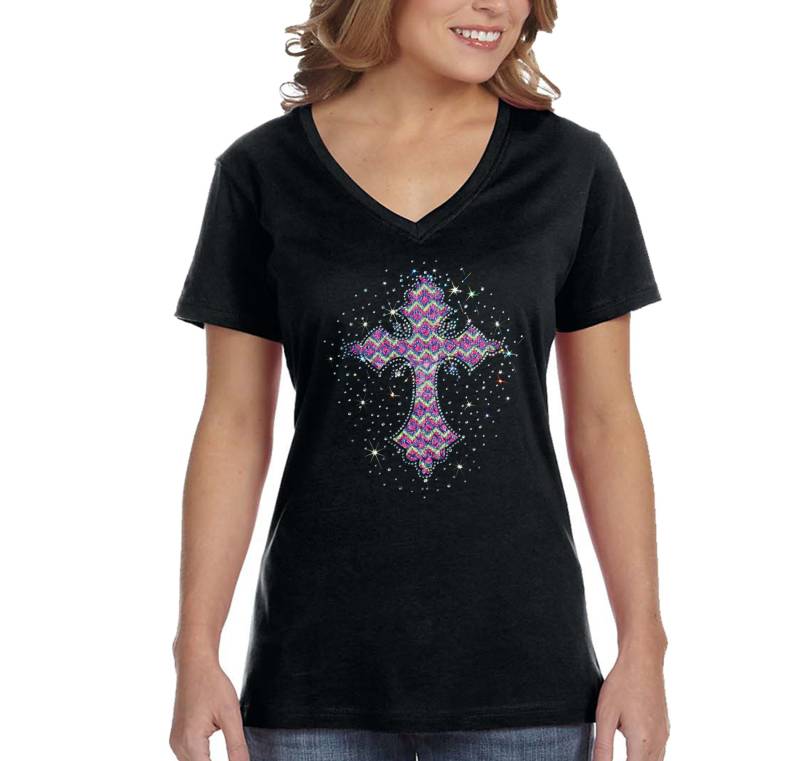 Frauen Pastell Glitzer Spitze Kreuz Glaube Gebet Treue Kirche Funkeln Pailletten V-Ausschnitt T-Shirt von XtraFlyApparel
