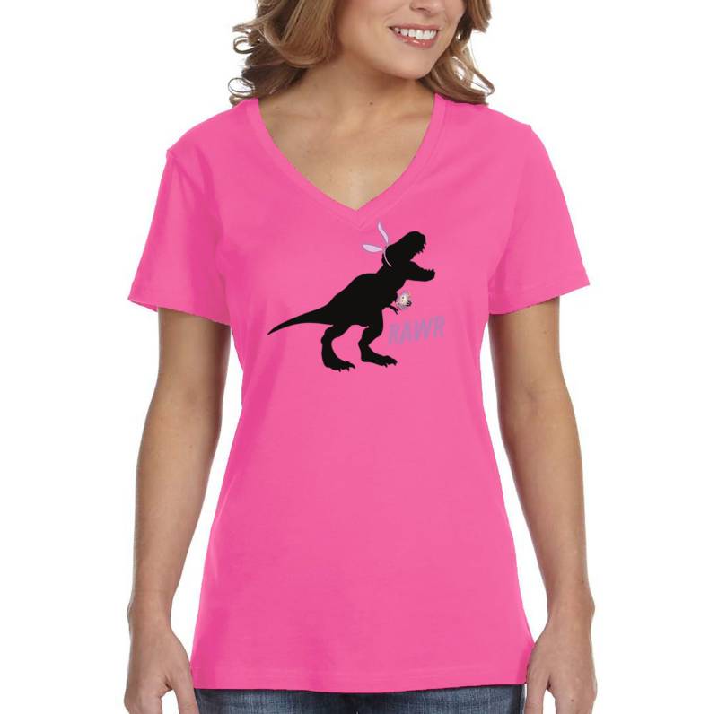 Frauen Rawr T-Rex Dinosaurier Ostern Urlaub V-Ausschnitt Kurzärmeliges T-Shirt Hase Lustige Eiersuche Frühling Geschenk Süsses von XtraFlyApparel