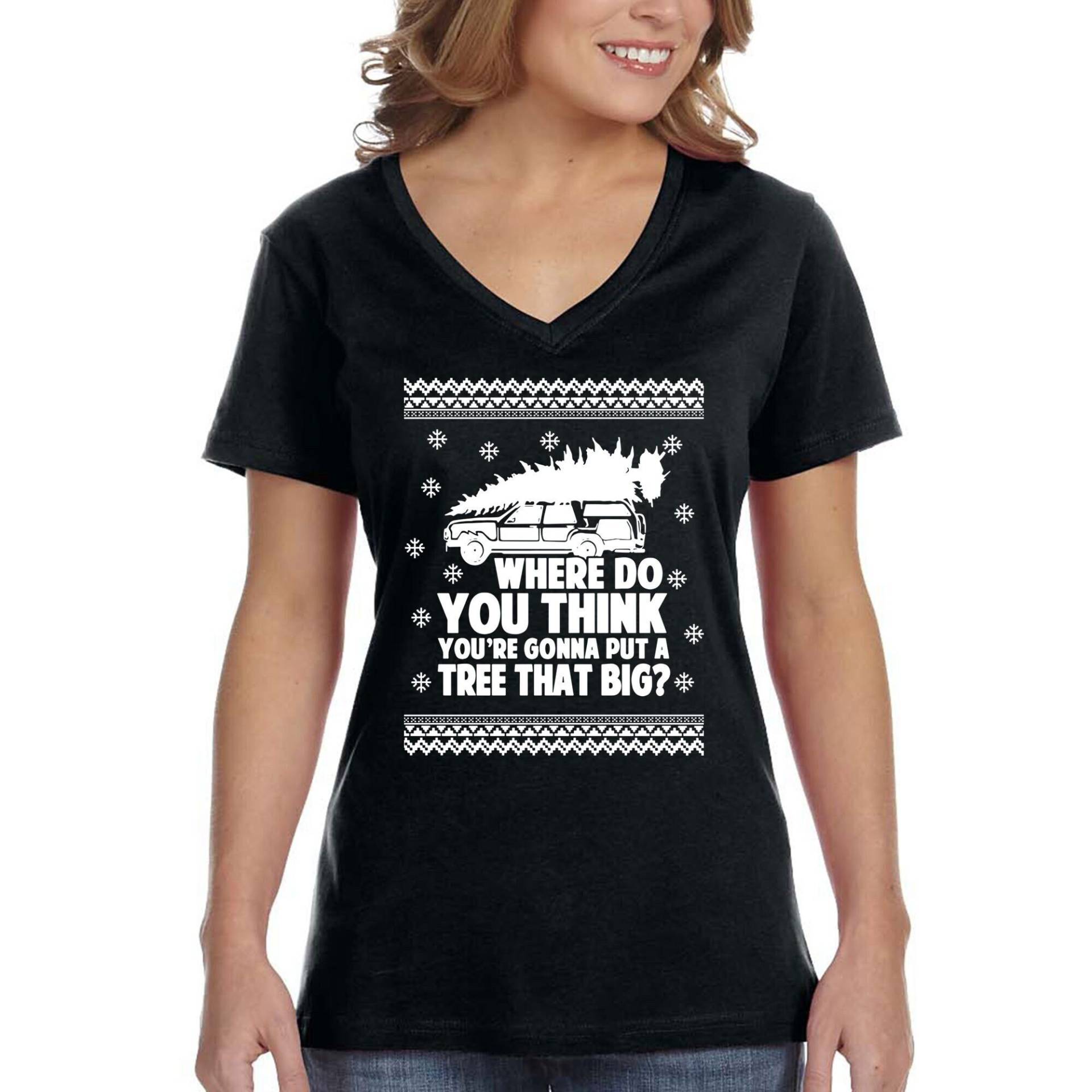 Frauen Wo Denken Sie, Dass Baum, Große Hässliche Weihnachtsstrickjacke Passender Griswold-Film-Urlaub V-Ausschnitt T-Shirt Setzen Wird von XtraFlyApparel