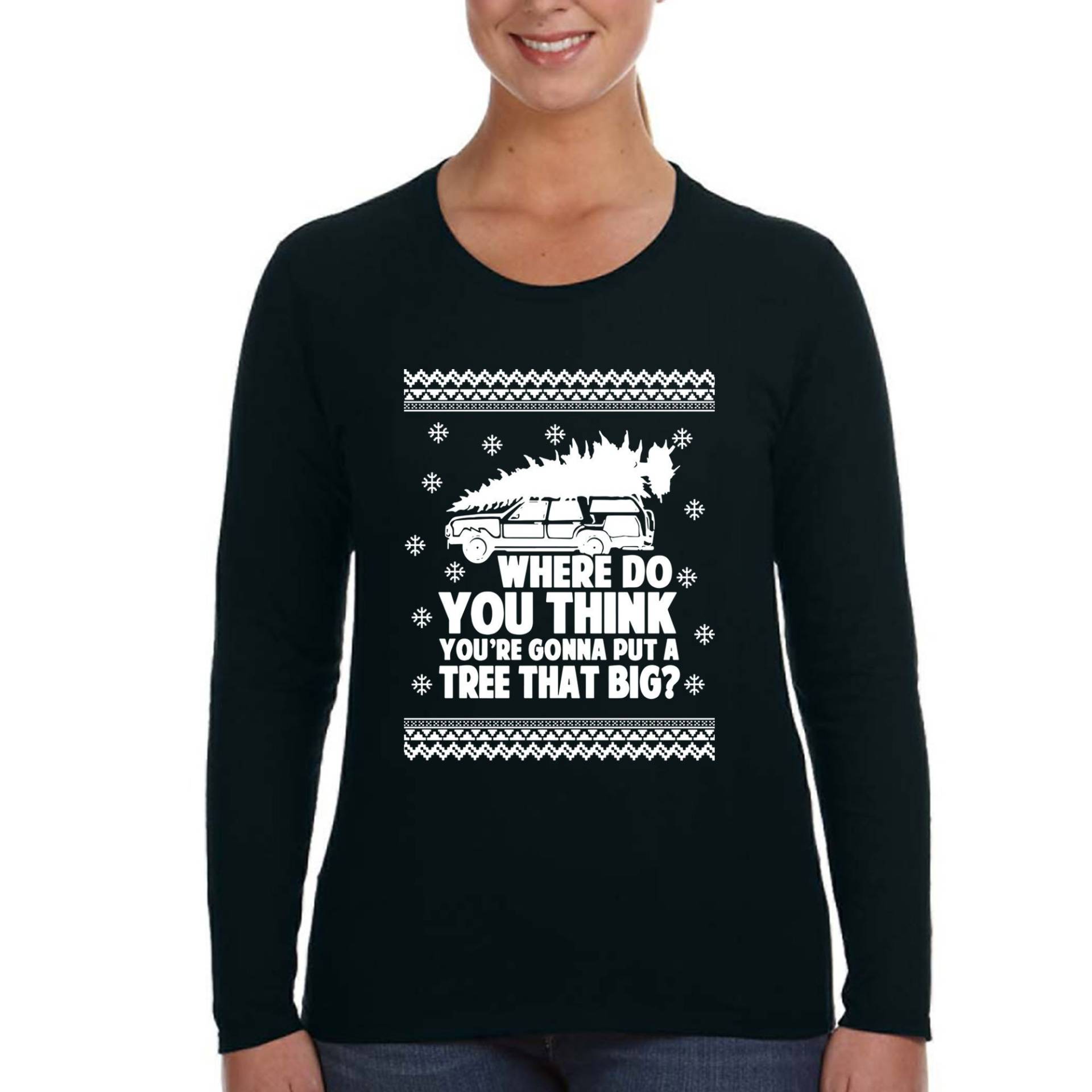 Frauen Wo Denken Sie, Dass Baum, Große Hässliche Weihnachtsstrickjacke Passender Griswold Film-Weihnachten Langarm-T-Shirt Setzen Wird von XtraFlyApparel