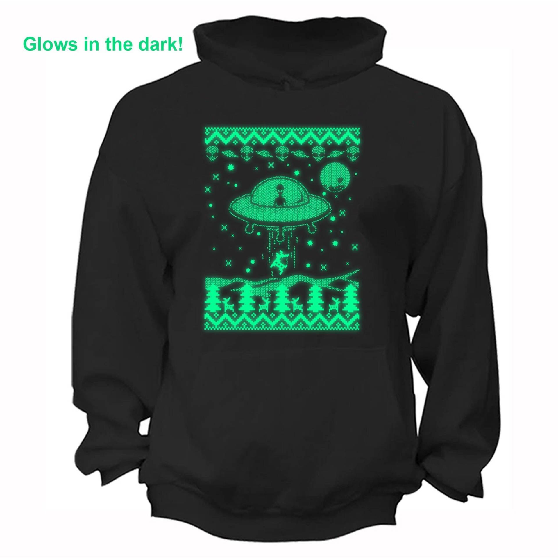 Herren Alien Entführung Rentier Glow Dark Christmas Pullover Ufo Raumschiff Galaxy Mars Rakete Weihnachten Urlaub Kapuzenpullover von XtraFlyApparel