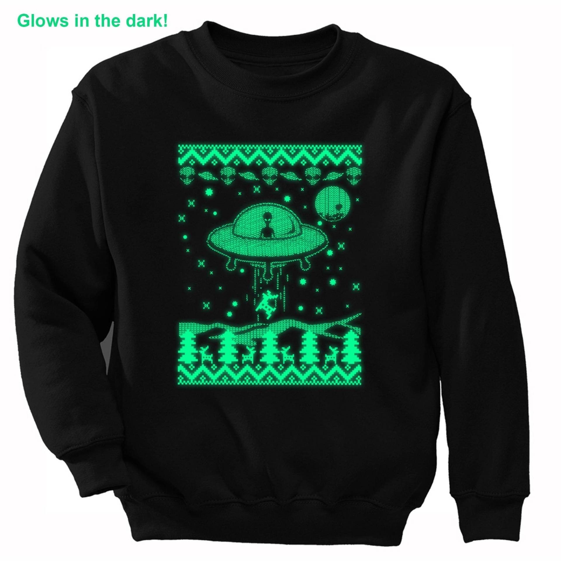 Herren Alien Entführung Rentier Glow Dark Christmas Pullover Ufo Space Galaxy Mars Rakete Xmas Urlaub Sweatshirt von XtraFlyApparel