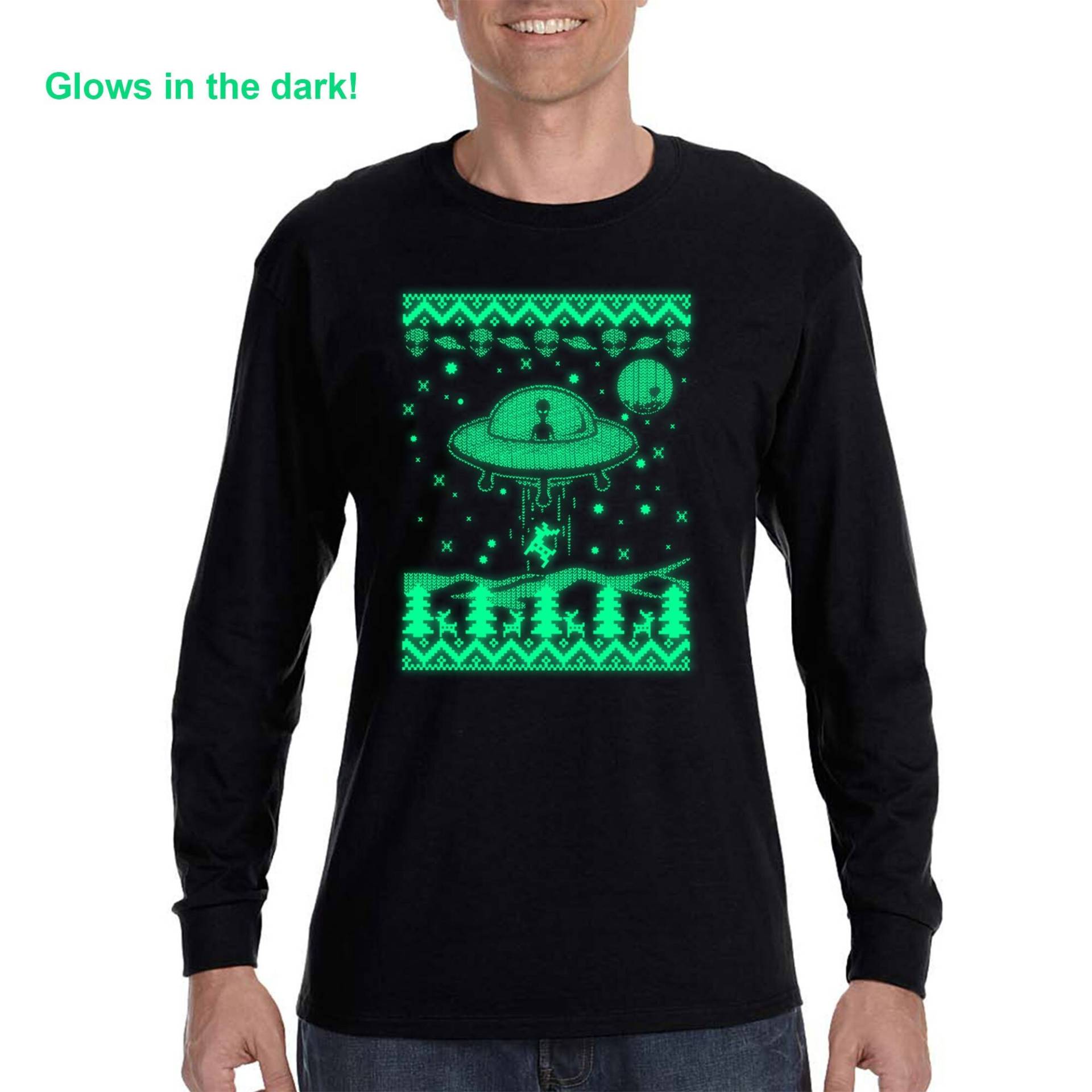 Herren Alien Entführung Rentier Glow Dark Christmas Pullover Ufo Space Ship Galaxy Mars Xmas Urlaub Langarm T-Shirt von XtraFlyApparel