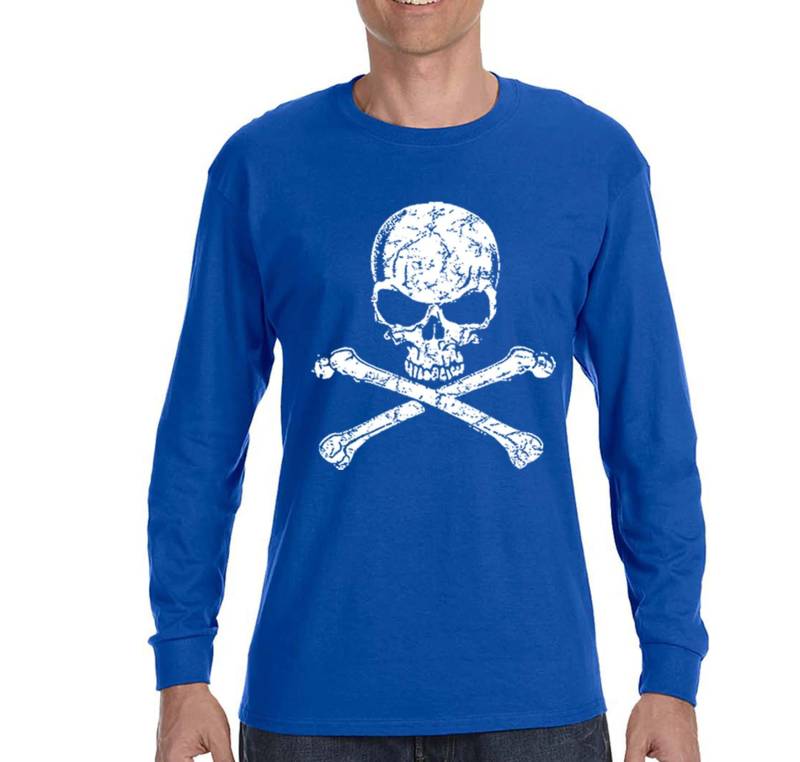 Herren Distressed White Skull & Crossbones Pirat Jolly Roger Schiff Schatz Gold Gaspar Geschenk Langarm T-Shirt von XtraFlyApparel