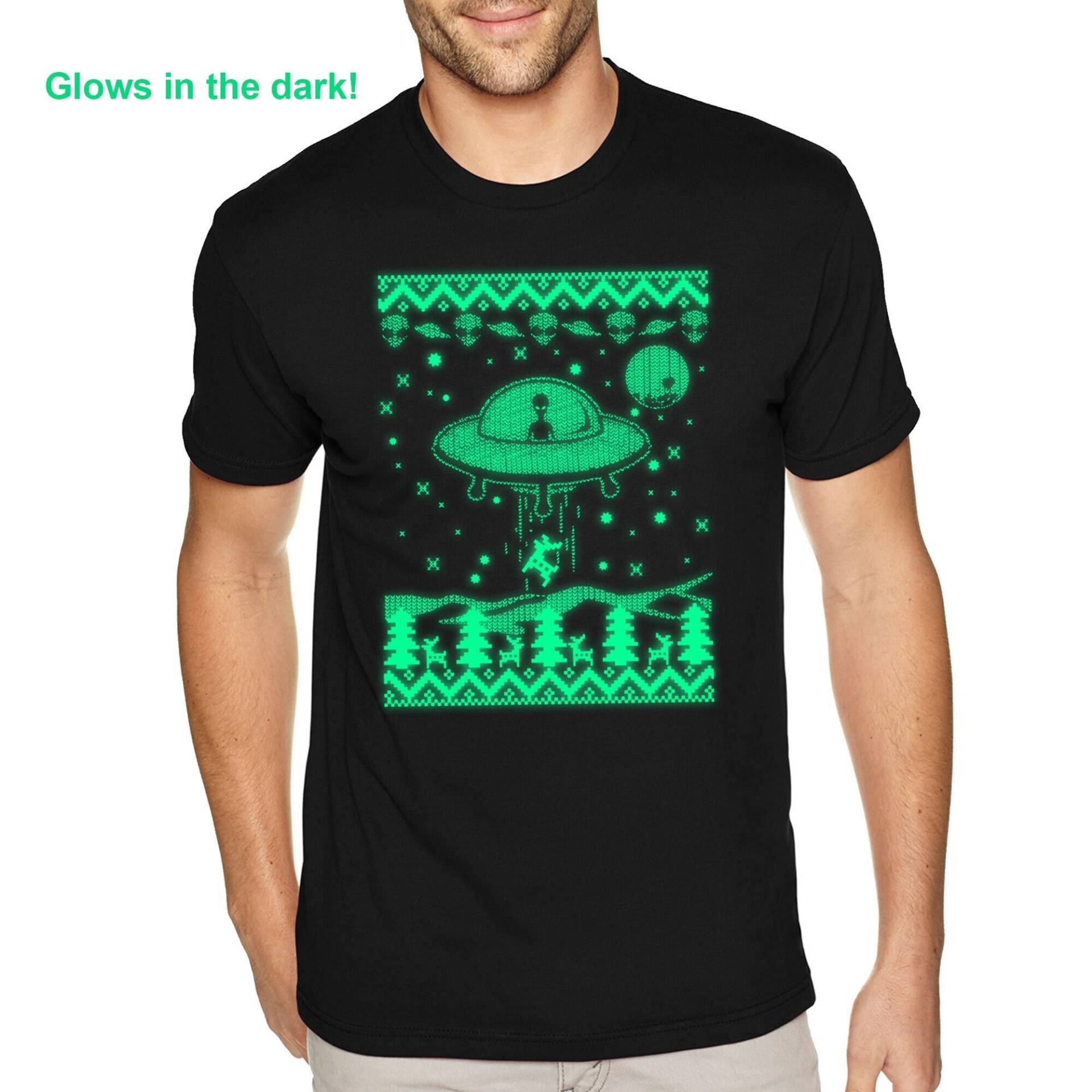 Herren T-Shirt Alien Entführung Rentier Glow Dark Christmas Pullover Ufo Space Galaxy Mars Rakete Xmas Tree Crewneck T-Shirt von XtraFlyApparel