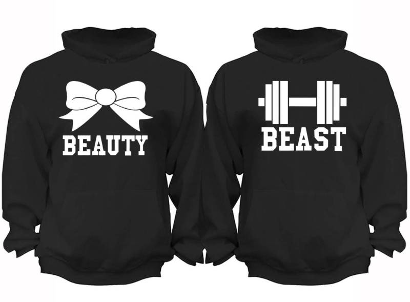 Kostenloser Versand Passende Paare Familie Beauty Beast Gym Workout Matching Paar Männer Frauen Crewneck V-Ausschnitt Hoodies Schwarz von XtraFlyApparel