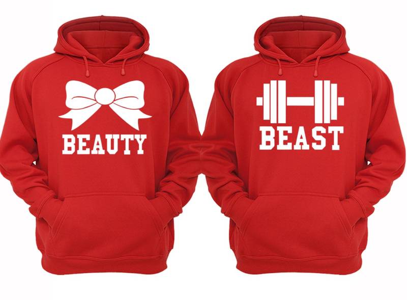 Kostenloser Versand Passende Paare Familie Beauty Beast Gym Workout Matching Paar Männer Frauen Crewneck V-Ausschnitt Kapuzenpullover Rot von XtraFlyApparel
