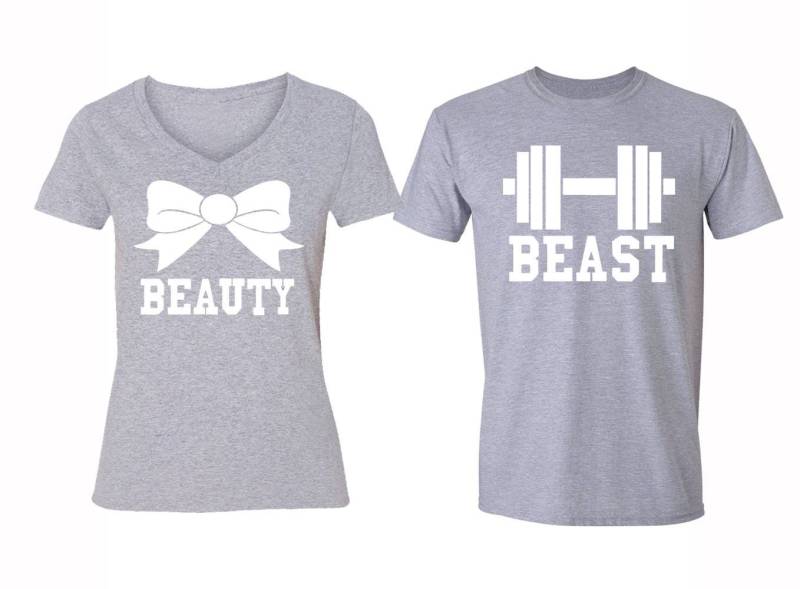 Kostenloser Versand Passende Paare Familie Beauty Beast Gym Workout Matching Paar Männer Frauen Crewneck V-Ausschnitt T-Shirt Grau von XtraFlyApparel