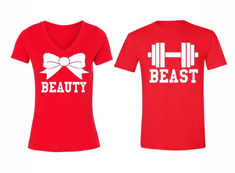Kostenloser Versand Passende Paare Familie Beauty Beast Gym Workout Matching Paar Männer Frauen Crewneck V-Ausschnitt T-Shirt Rot von XtraFlyApparel