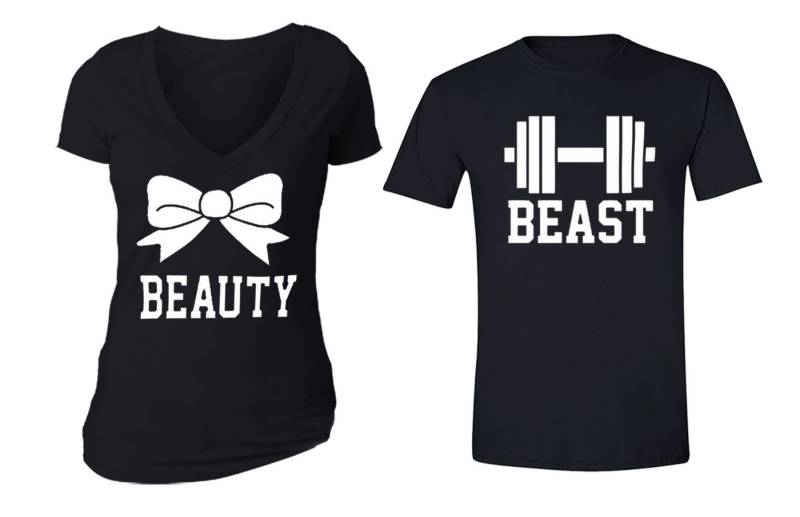 Kostenloser Versand Passende Paare Familie Beauty Beast Gym Workout Matching Paar Männer Frauen Crewneck V-Ausschnitt T-Shirt Schwarz von XtraFlyApparel