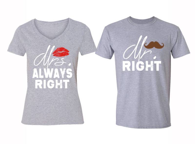 Kostenloser Versand Passende Paare Familie Mr Mrs Always Right Kiss Schnurrbart Liebe Passendes Paar Männer Frauen Crewneck V-Ausschnitt T-Shirt Grau von XtraFlyApparel