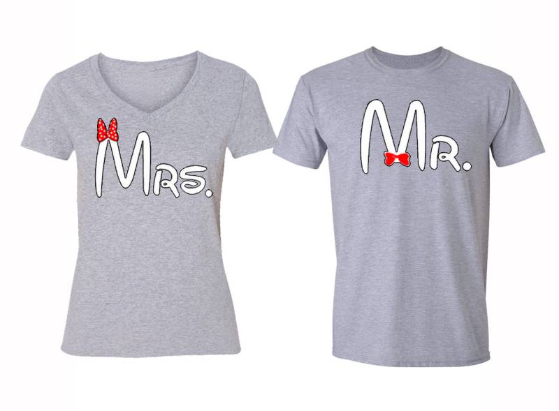 Kostenloser Versand Passende Paare Familie Mr Mrs Ehemann Frau Love Matching Paar Männer Frauen Crewneck V-Ausschnitt T-Shirt Grau von XtraFlyApparel