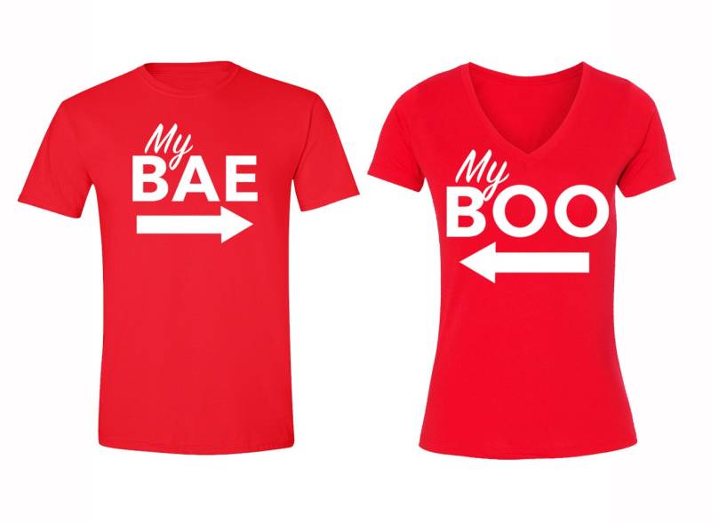 Kostenloser Versand Passende Paare Familie My Bae Boo Love Matching Paar Männer Frauen Crewneck V-Ausschnitt T-Shirt Rot von XtraFlyApparel