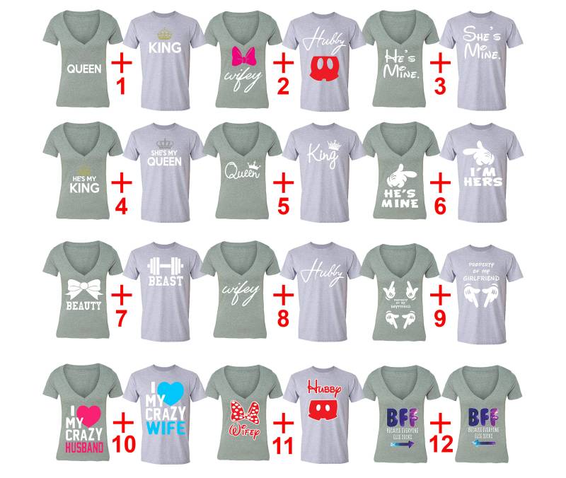 Kostenloser Versand Passende Paare Familie Valentinstag Liebe Beste Freunde Passendes Paar Männer Frauen Crewneck V-Ausschnitt T-Shirt Grau Gruppe 1 von XtraFlyApparel