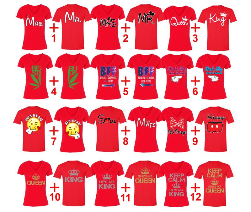 Kostenloser Versand Passende Paare Familie Valentinstag Liebe Beste Freunde Passendes Paar Männer Frauen Crewneck V-Ausschnitt T-Shirt Rot Gruppe 1 von XtraFlyApparel