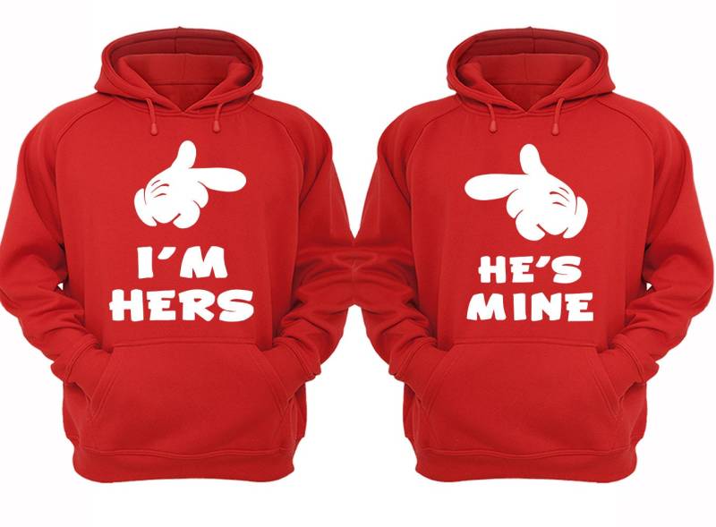 Versandkostenfrei Passende Paare Familie He Es Mine I'm Hers Passendes Paar Männer Frauen Crewneck V-Ausschnitt Kapuzenpullover Rot von XtraFlyApparel