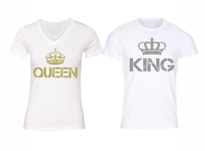 Versandkostenfrei Passende Paare Familie König Königin Vintage Distressed Matching Paar Männer Frauen Crewneck V-Ausschnitt T-Shirt Weiß von XtraFlyApparel