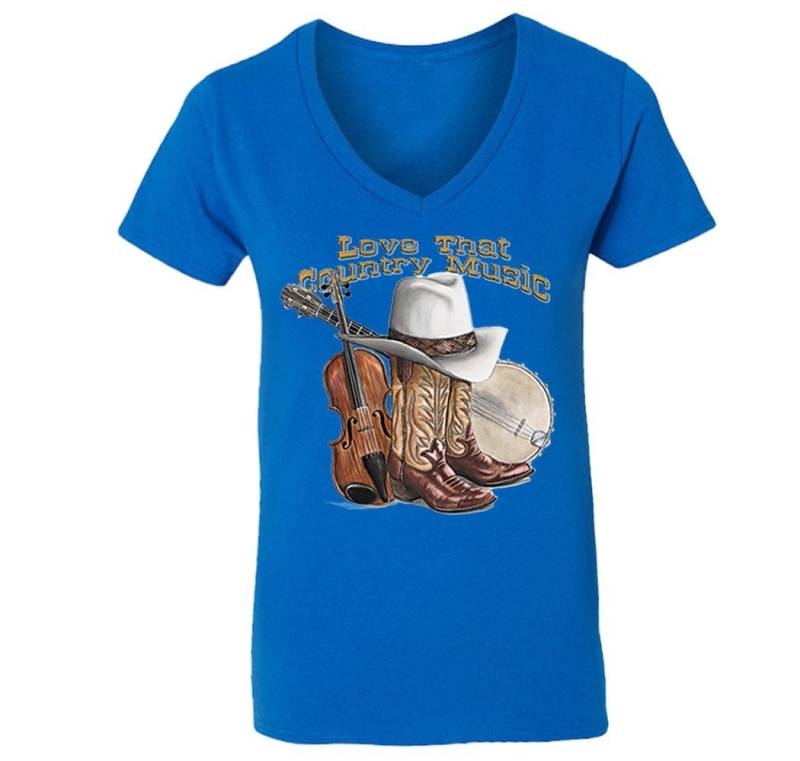 Women Es Love That Country Music Musiker Stage Festival Bluegrass Fiddle Banjo Violine Southern Pride Cowboy V-Neck T-Shirt von XtraFlyApparel