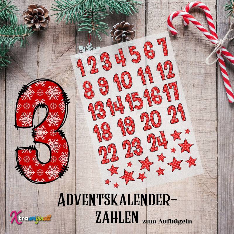 Adventskalenderzahlen Zum Aufbügeln - Rot Mit Schneeflockendekor | Diy Adventskalender Zahlen 1-24 Extra Sternchen von Xtraoriginell