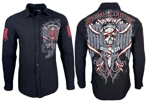 Xtreme Couture by Affliction Herren Langarmhemd mit Knopfleiste, Gothic-Totenkopf-Design, Schwarz mit roten Grafiken Brawl, Schwarz, XX-Large von Xtreme Couture
