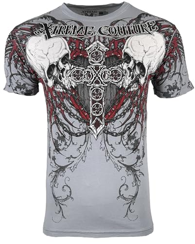 Xtreme Couture by Affliction Herren T-Shirt Repent Gothic Kreuz Schädel Design Kurzarm Grau, Grau, 3X-Groß von Xtreme Couture