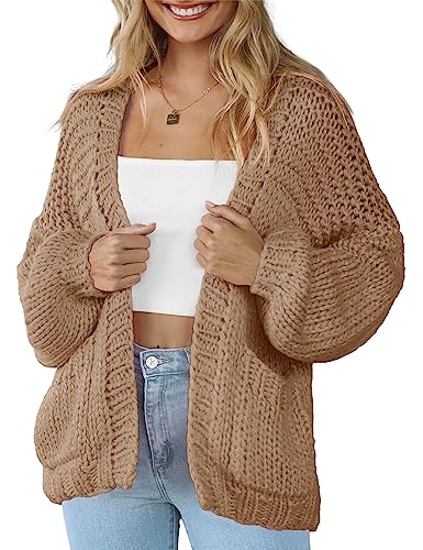 Damen Strickjacke Langarm Grobstrick Casual Taschen Leichte Open Front Sweater Cardigans, CAMEL, XX-Large von XuBa
