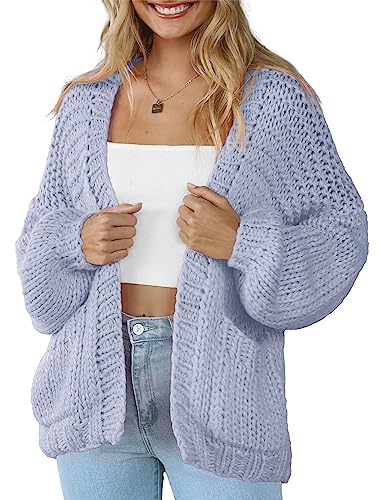 Damen Strickjacke Langarm Grobstrick Casual Taschen Leichte Open Front Sweater Cardigans, Hell, blau, X-Groß von XuBa