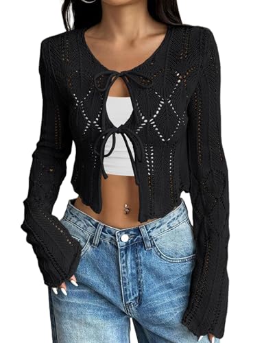 Damen-Strickjacke mit Schnürung vorne, leicht, langärmelig, gehäkelt, hohl, gestrickt, Boho-Cardigan, Schwarz, X-Groß Damen-Strickjacke mit Schnürung vorne, leicht, langärmelig, gehäkelt, hohl, gestrickt, Boho-Cardigan, Schwarz, X-Groß von XuBa