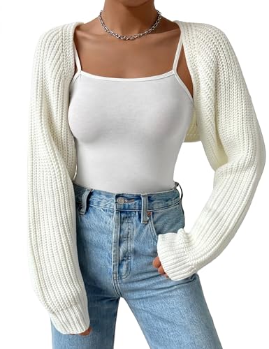 XuBa Bolero Damen Kurz Strickjacke Shrug Strickpullover Cardigan Sweater Langarm Solide Farbe Gerippt Crop Tops von XuBa