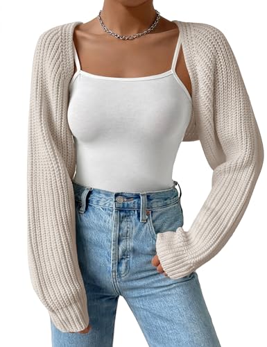 XuBa Bolero Damen Kurz Strickjacke Shrug Strickpullover Cardigan Sweater Langarm Solide Farbe Gerippt Crop Tops von XuBa