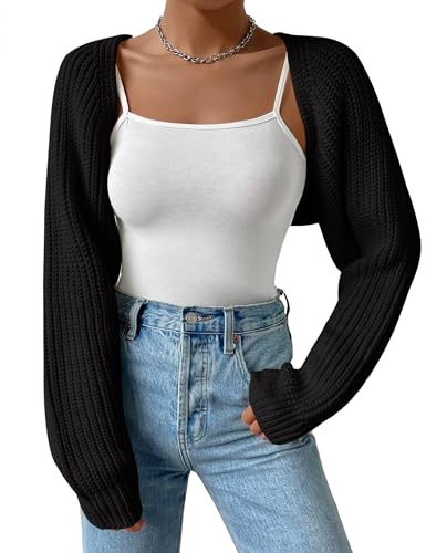 XuBa Bolero Damen Kurz Strickjacke Shrug Strickpullover Cardigan Sweater Langarm Solide Farbe Gerippt Crop Tops von XuBa