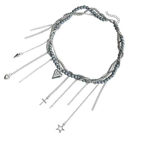XuQiZZpp Gothic-Kreuz-Perlen-Halskette mit beweglichem Fransen-Design, Edelstahlkette, Schmuck, Schlüsselbeinkette für Sie von XuQiZZpp